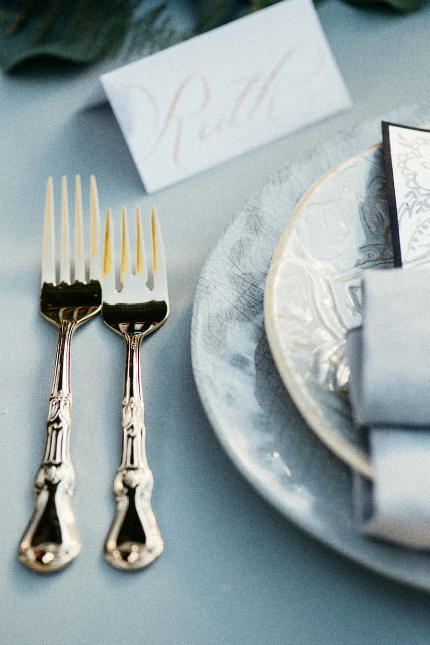 Style Shoot in Tuscany, Italy bridal table setting with forks and place name card