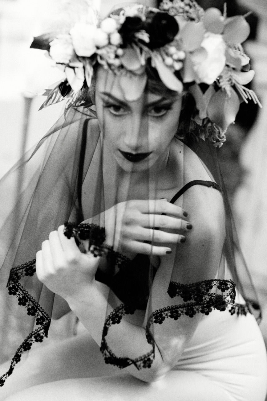 Style Shoot in Tuscany, Italy bride wearing black veil with flower crown