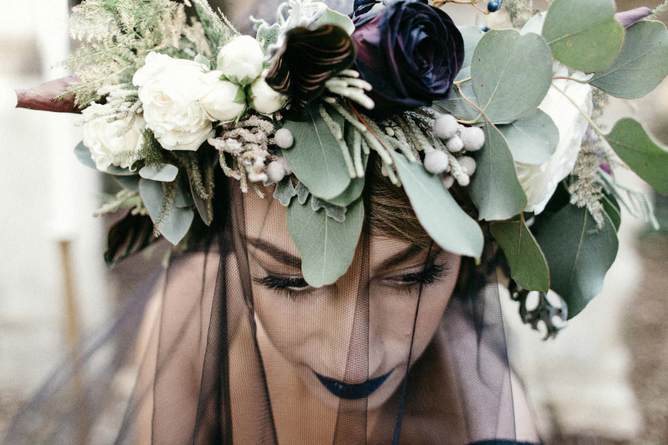 Style Shoot in Tuscany, Italy bride wearng black veil with flower crown with ferns