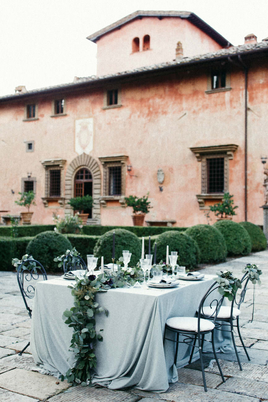 Style Shoot in Tuscany, Italy villa vignamaggio table with leaves