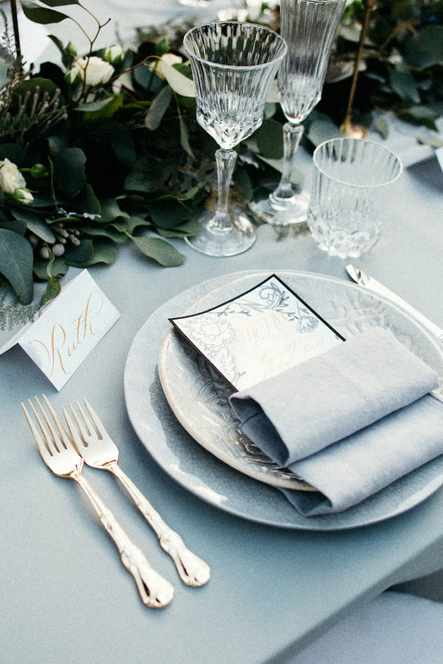 Style Shoot in Tuscany, Italy wedding decoration ideas with calligraphy menu and name card