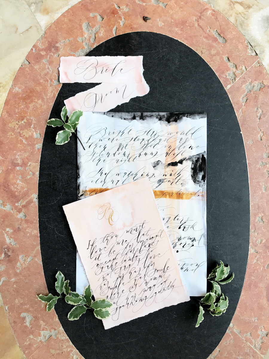 Vizcaya Wedding Inspiration with blush wedding stationery with fine art calligraphy