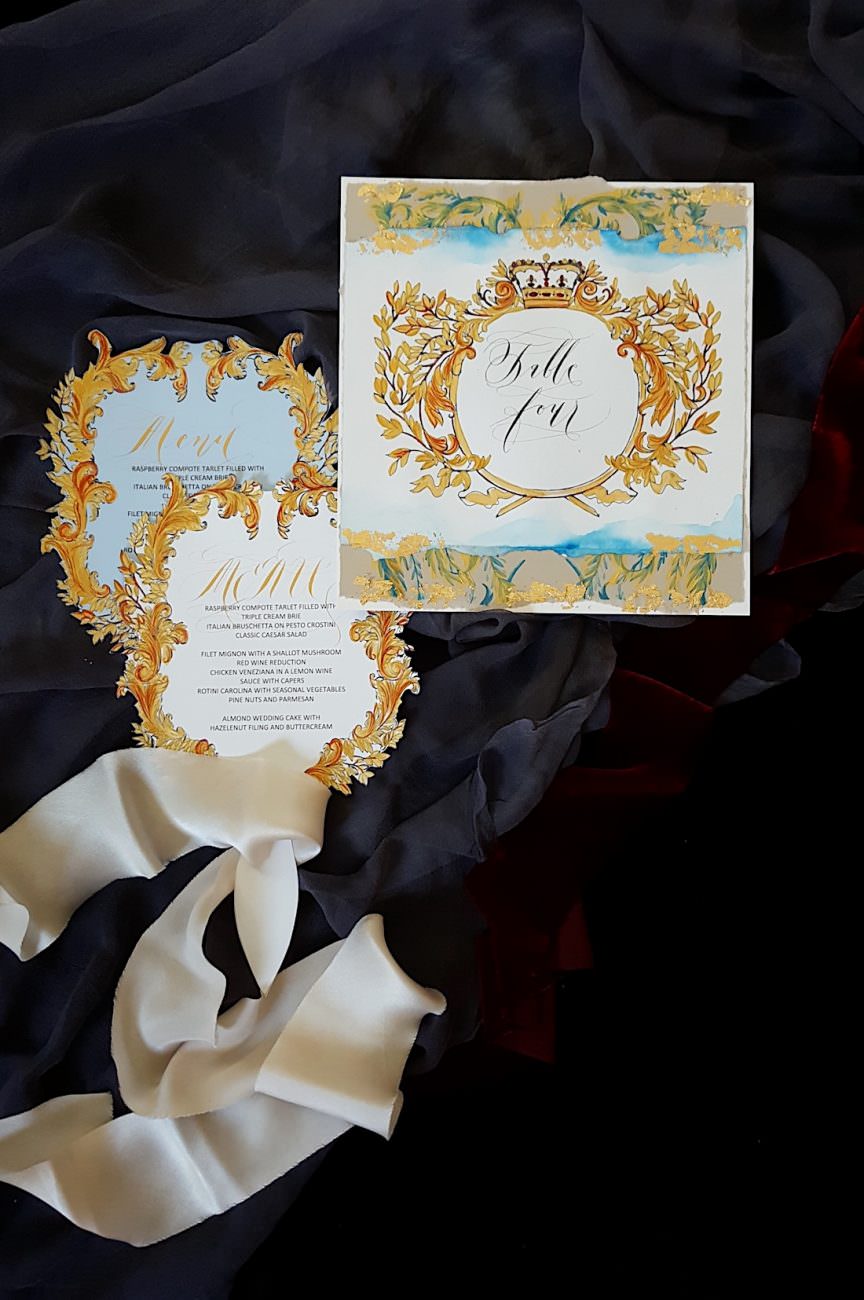Couture Wedding Invitations ornate table number with fan shaped menus
