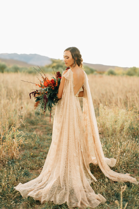 Thankful For Love bride with gold dress side view