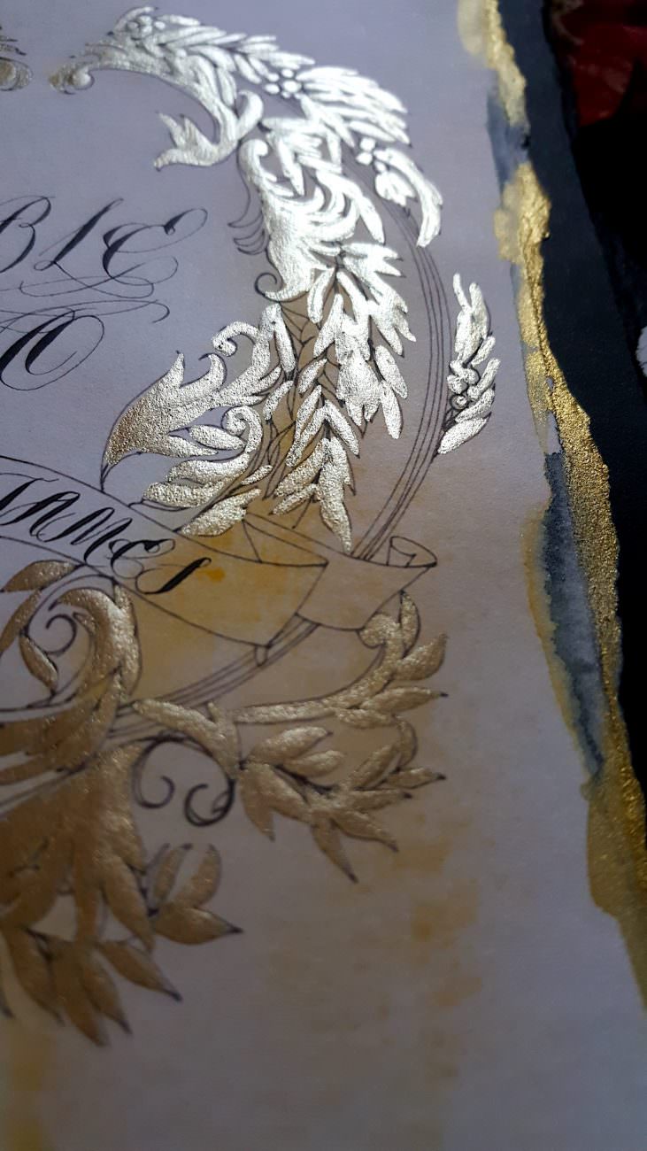 Hand Painted Wedding Stationery gold painted detail from table number