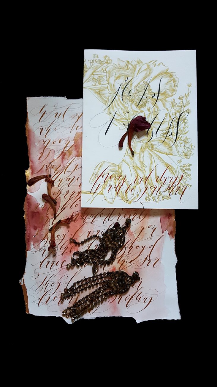Hand Painted Wedding Stationery vow book and calligraphy copy