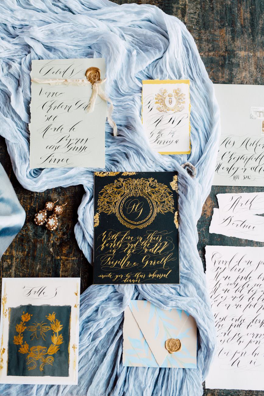French Wedding Inspiration Black, grey and gold wedding stationery suite with table number