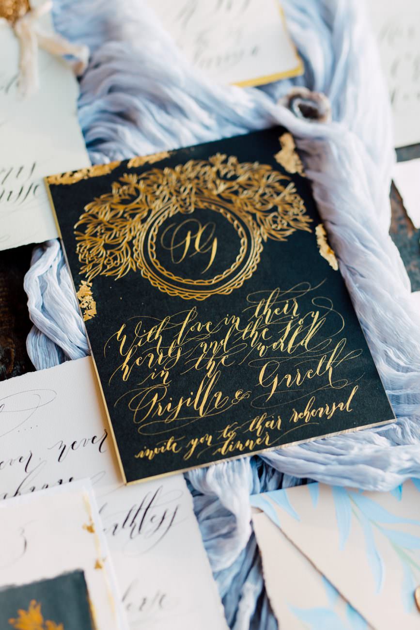 French Wedding Inspiration black wedding invitation with gold leaf foil