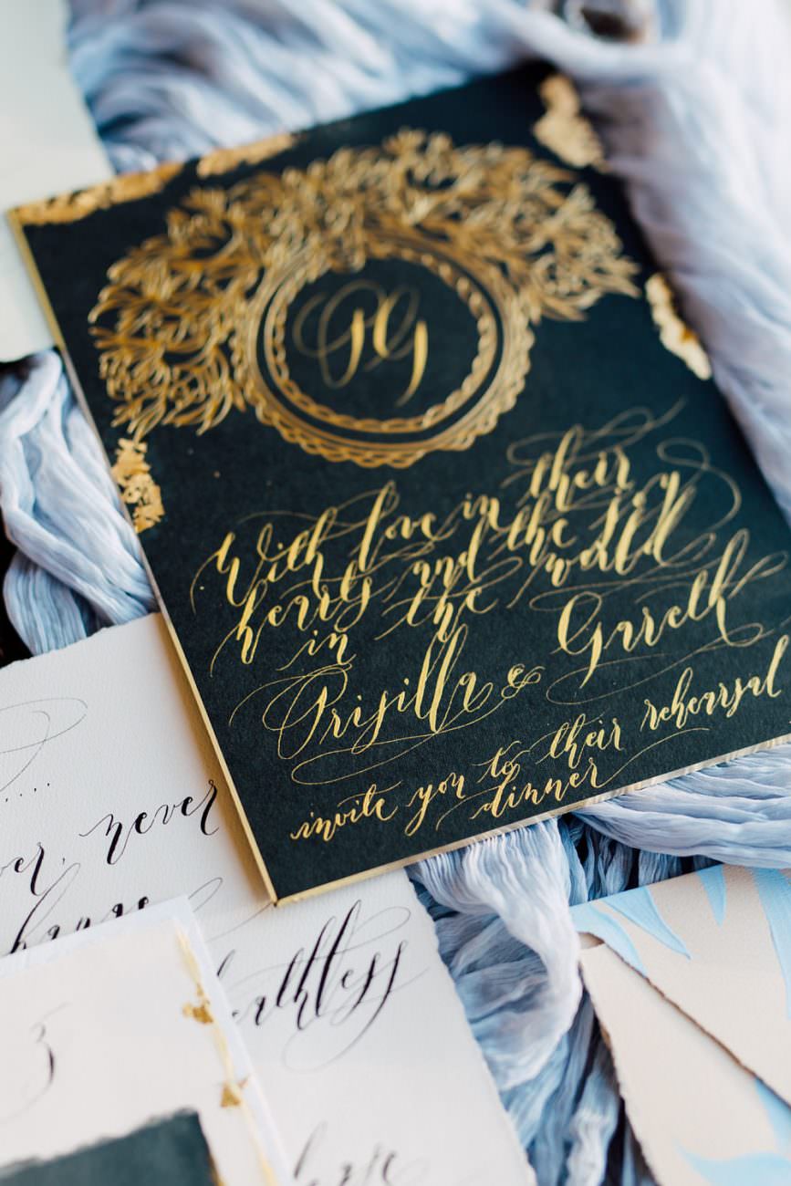 French Wedding Inspiration black wedding invitationwith gold foil and gold calligraphy