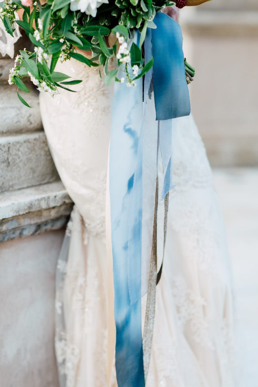 French Wedding Inspiration bouquet with blue silk ribbons