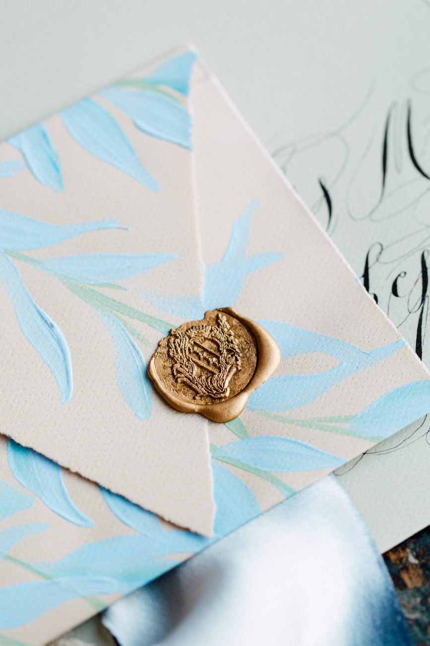 French Wedding Inspiration grey envelope with blue leaves