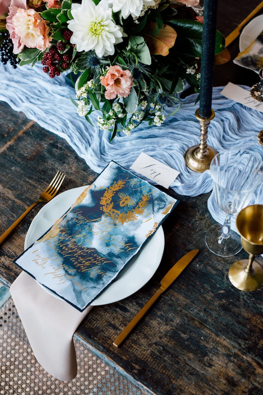 French Wedding Inspiration manu with gold calligraphy and place name