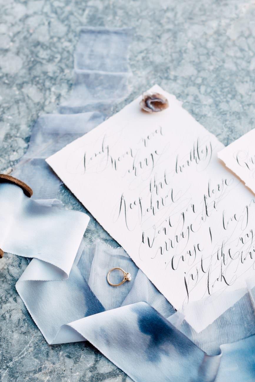 French Wedding Inspiration rsvp card with black calligraphy and ring