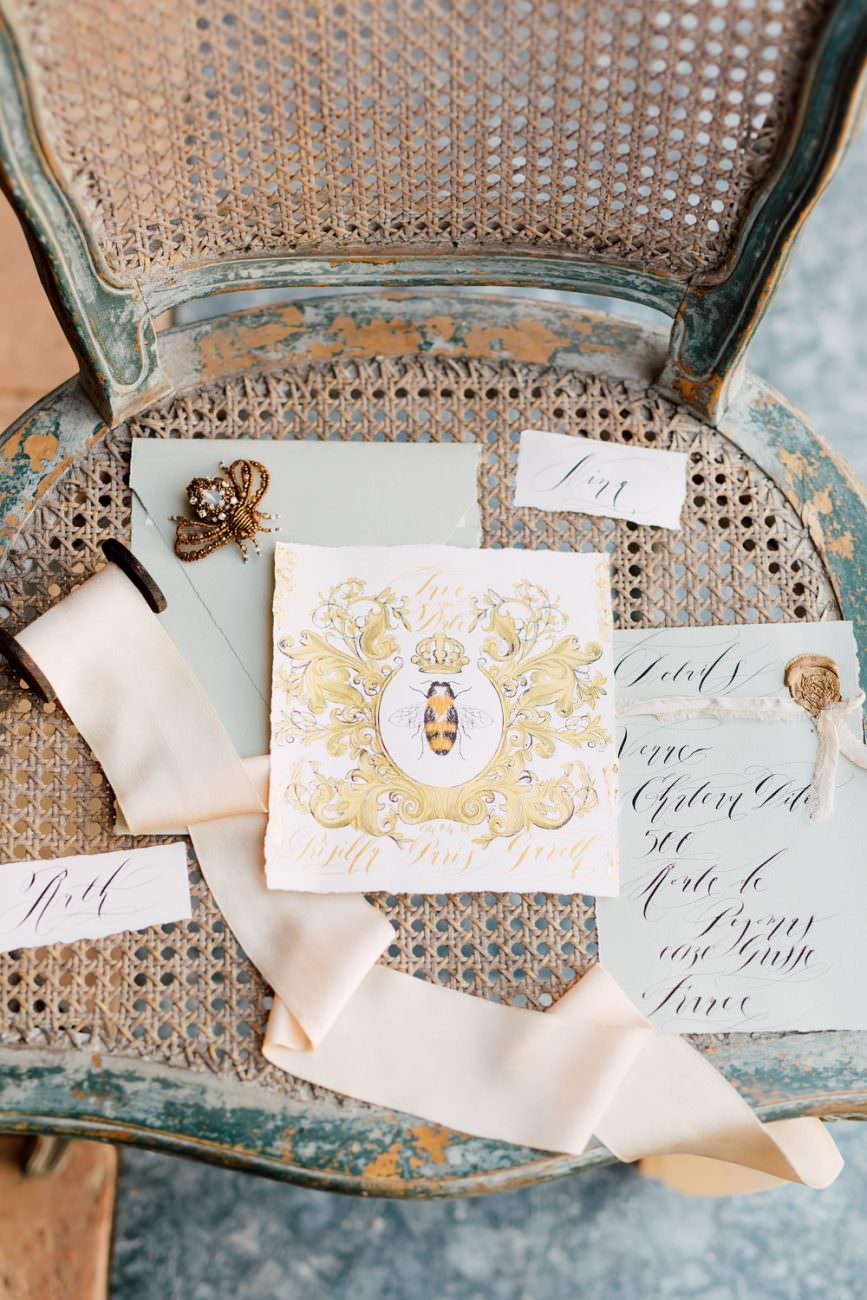French Wedding Inspiration save the date with gold paint