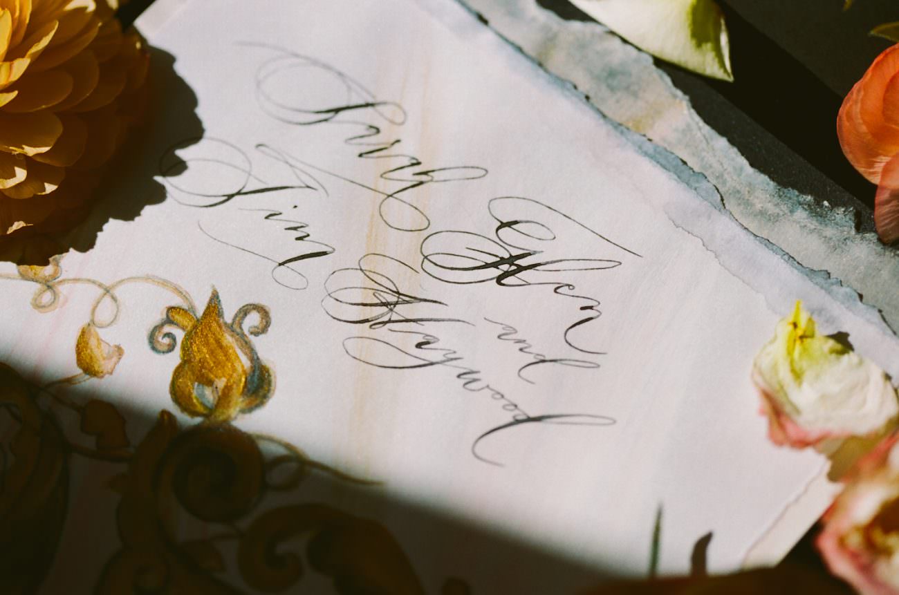 Black & gold hand painted wedding stationery LR gold detail