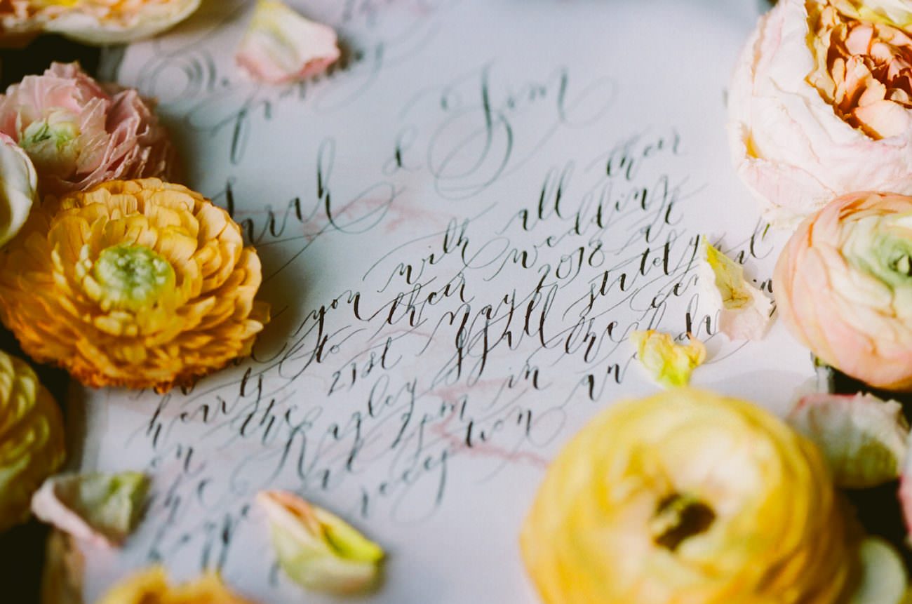 Black & gold hand painted wedding stationery LR invitation calligraphy