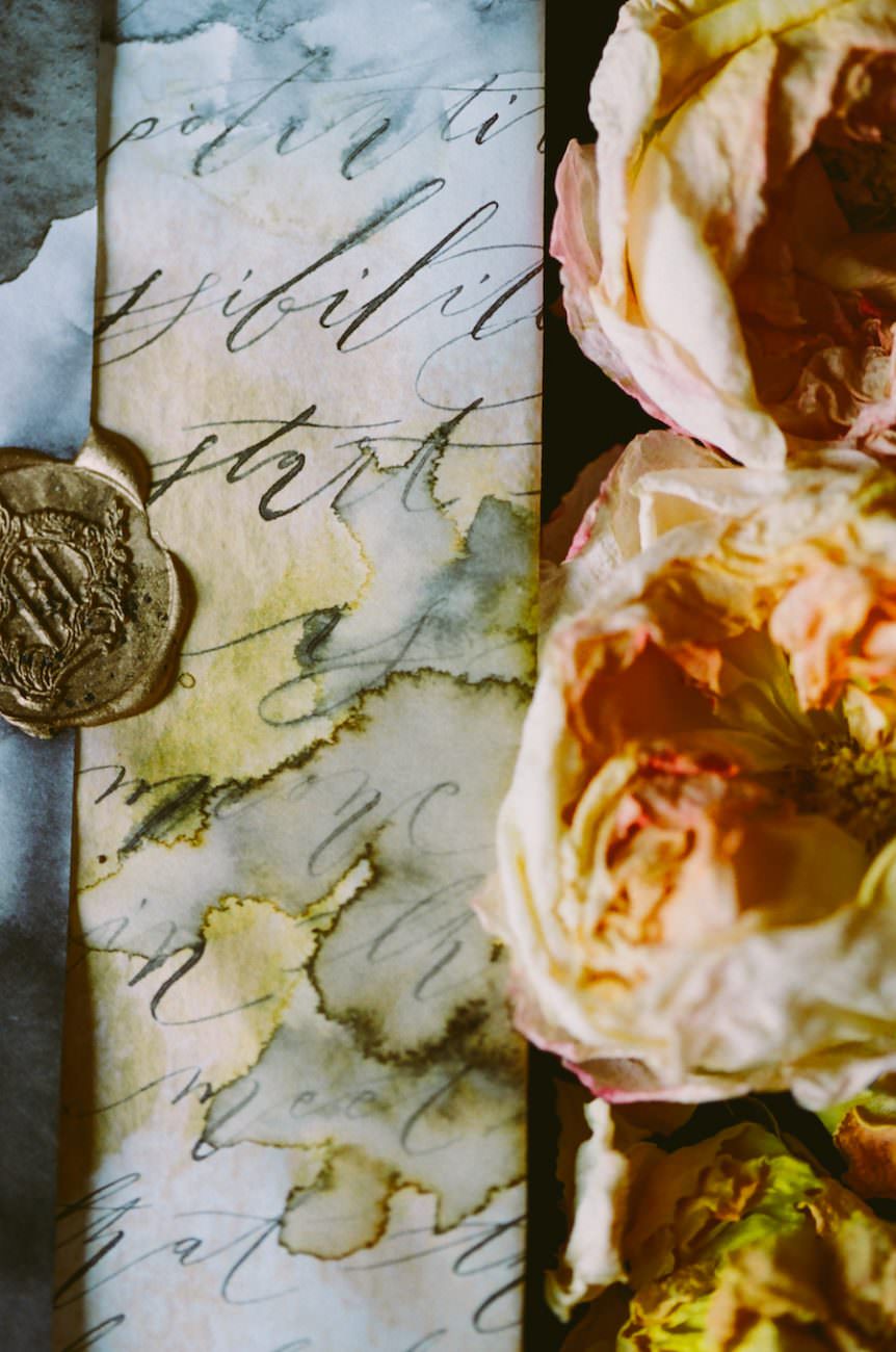 Black & gold hand painted wedding stationery LR watercolour