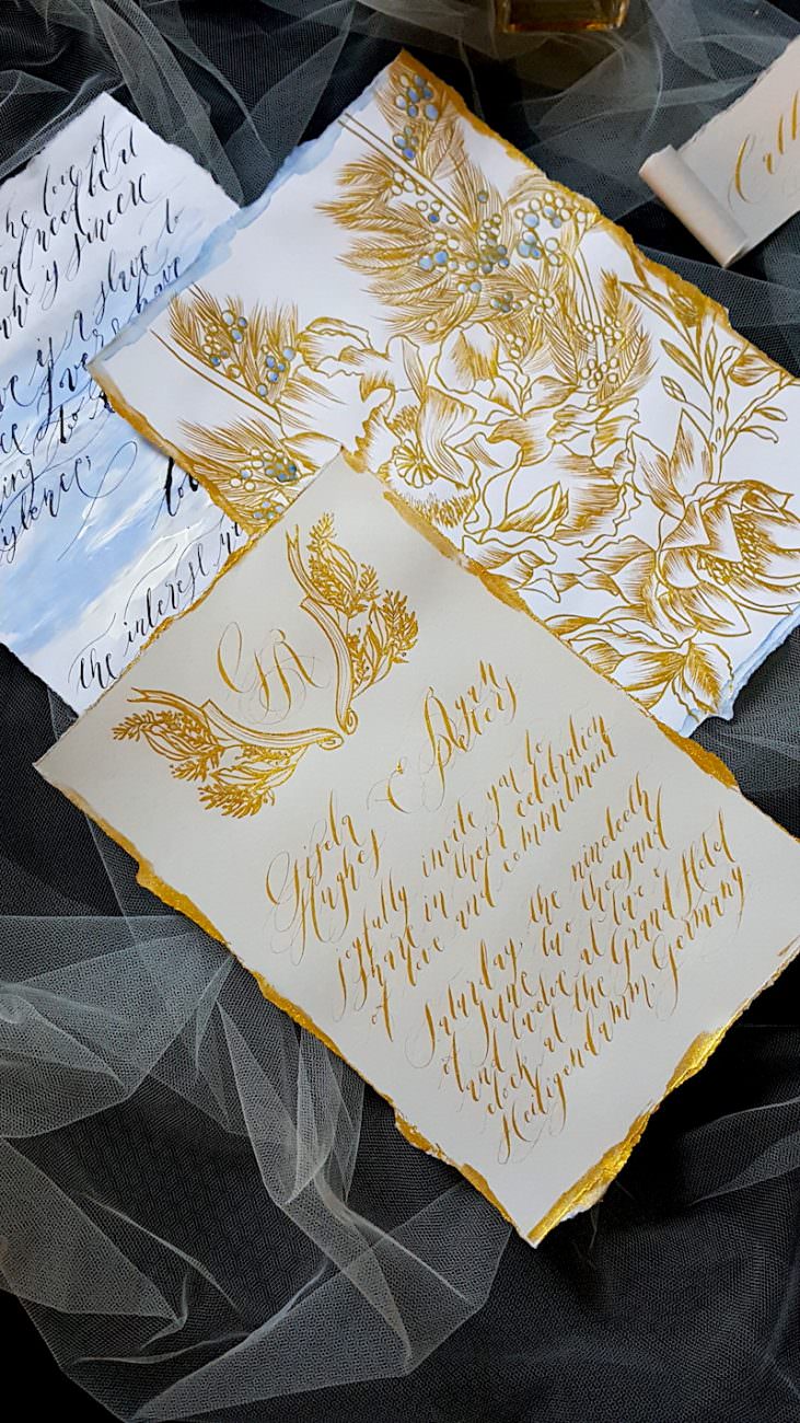 Hand Painted Wedding Invitations blue edges