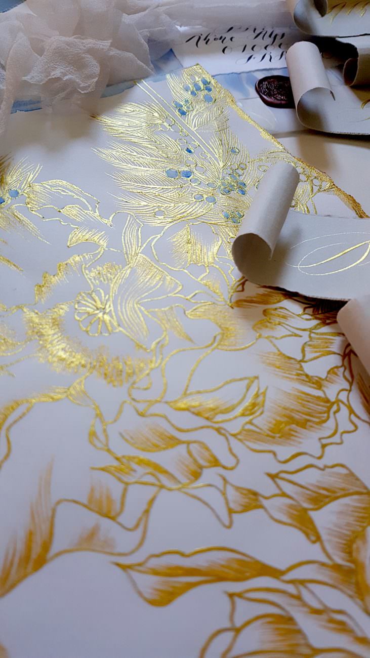 Hand Painted Wedding Invitations gold calligraphy flower illustration