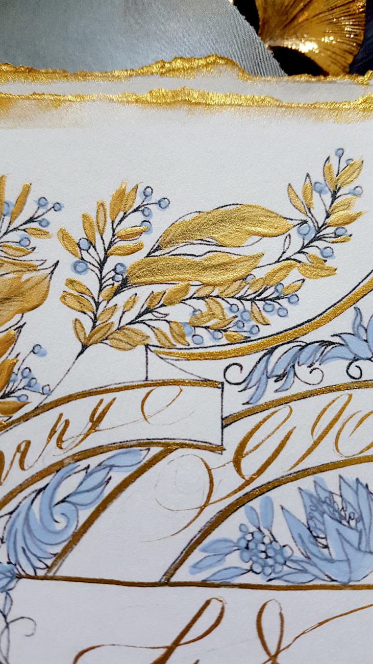 Hand Painted Wedding Invitations gold leaves