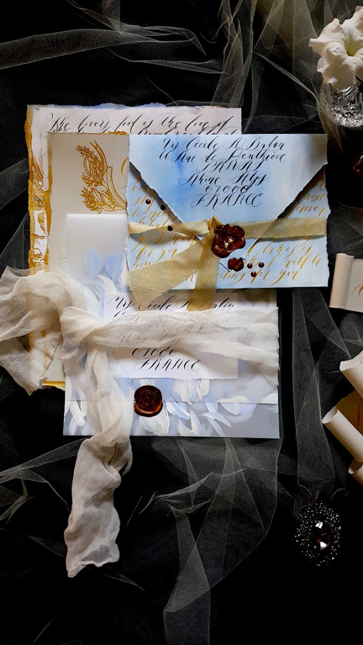 Hand Painted Wedding Invitations vellum envelope
