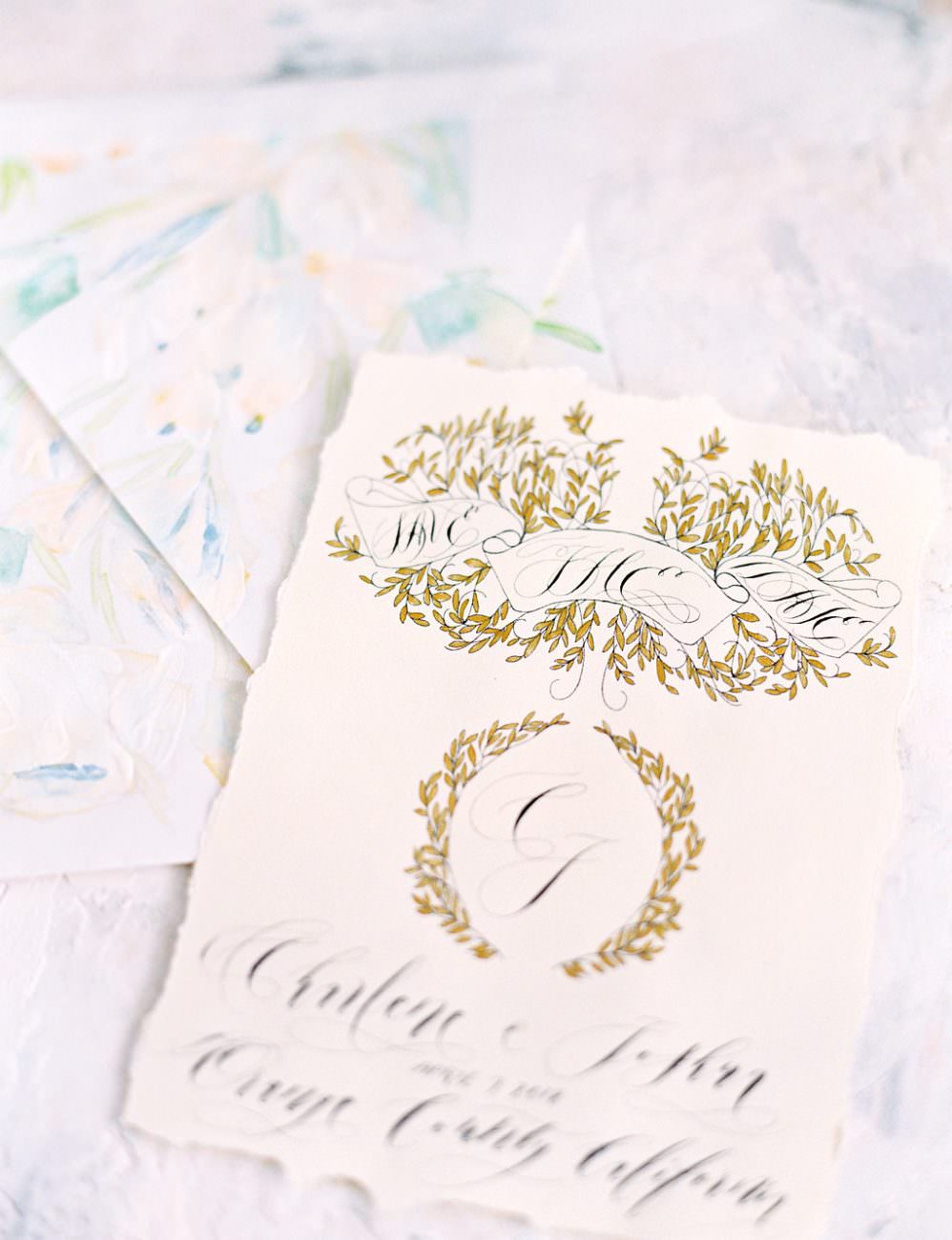 Orange Country wedding inspiration hand painted wedding invitations gold save the date angled