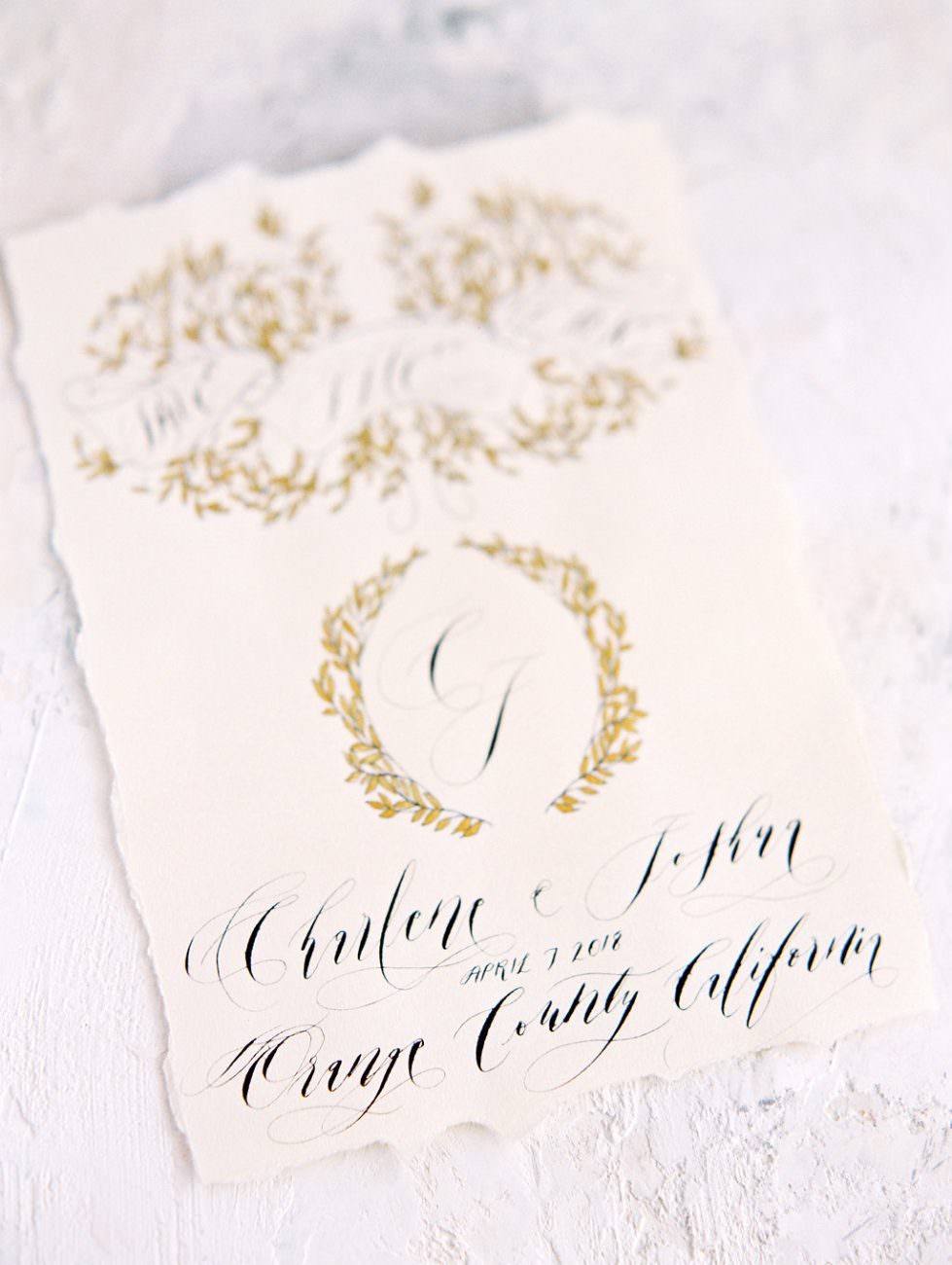 Orange Country wedding inspiration hand painted wedding invitations gold save the date black calligraphy