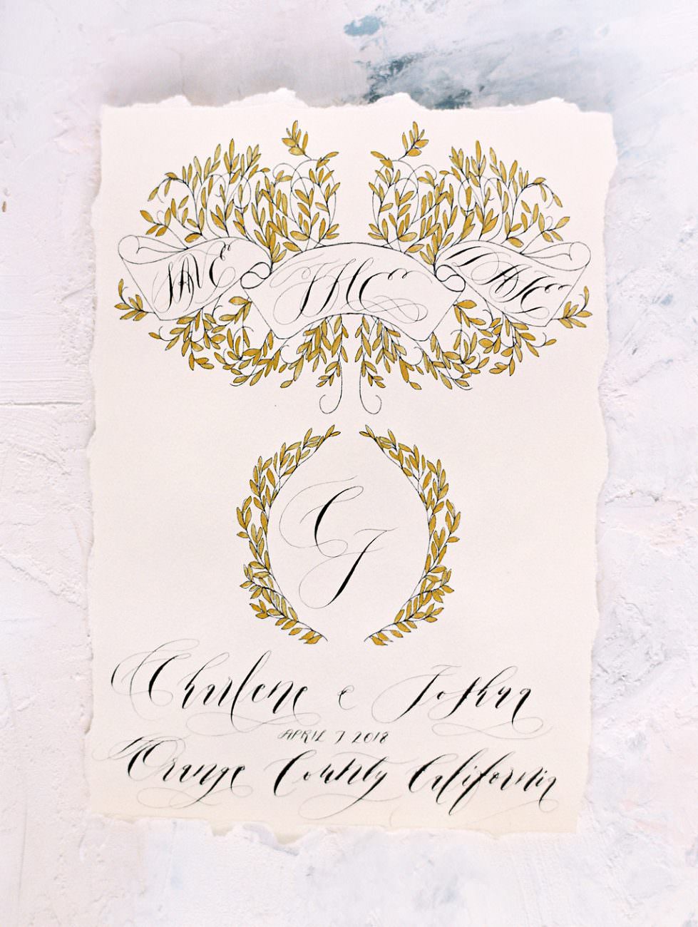 Orange Country wedding inspiration hand painted wedding invitations gold save the date angled