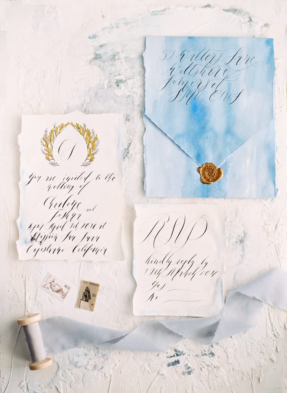 Orange Country wedding inspiration hand painted wedding invitations suite