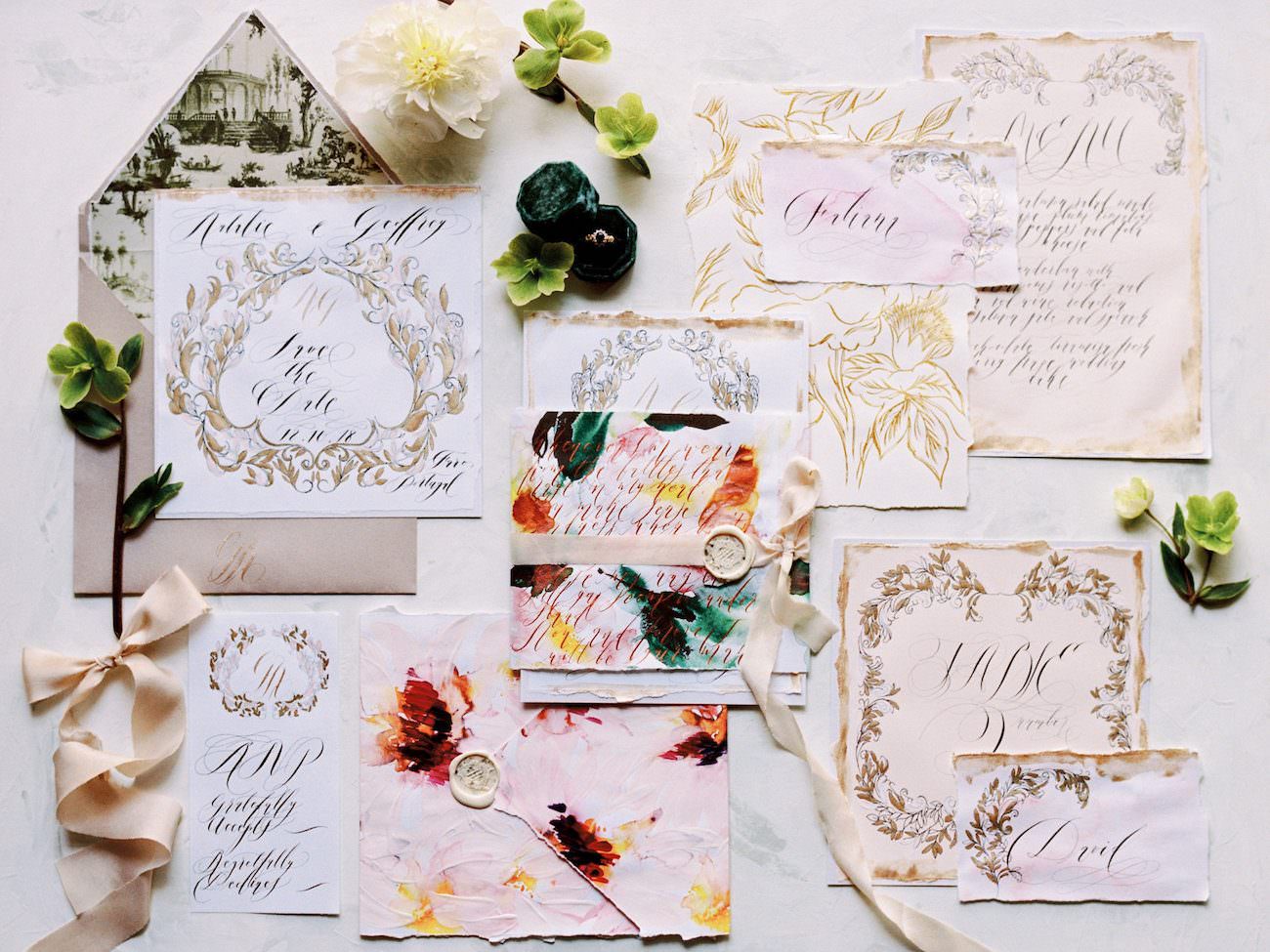 Palace Wedding Inspiration - Entire hand painted wedding invitation suite