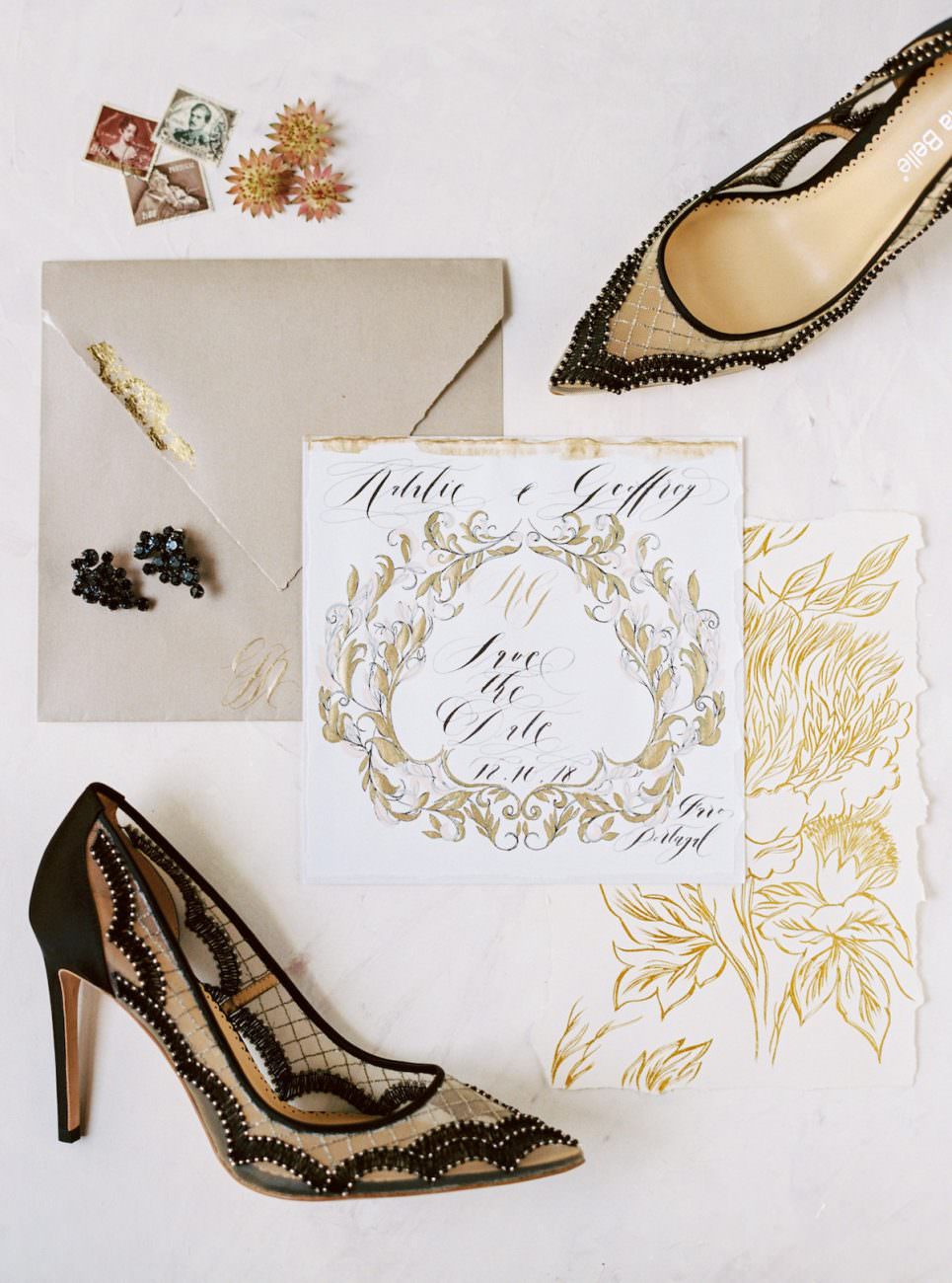 Palace Wedding Inspiration - gold floral calligraphy