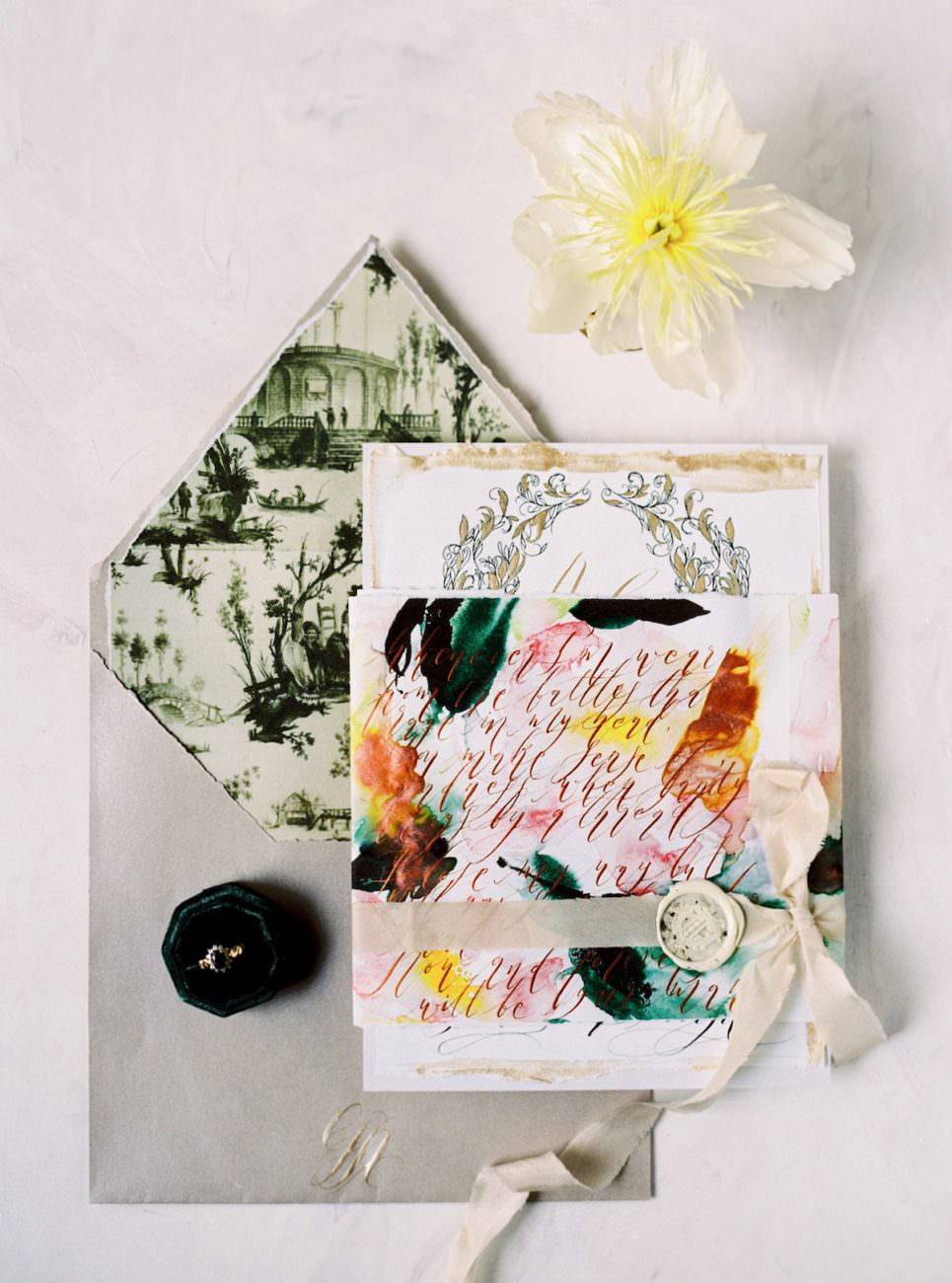 Palace Wedding Inspiration - hand painted wedding invitations with printed envelope and wax seal