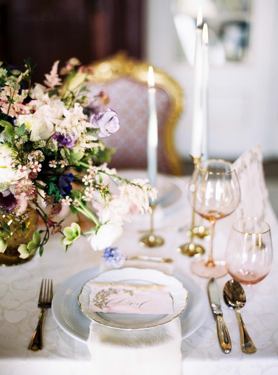 Palace Wedding Inspiration - pink place name with gold hand painted designs on plate