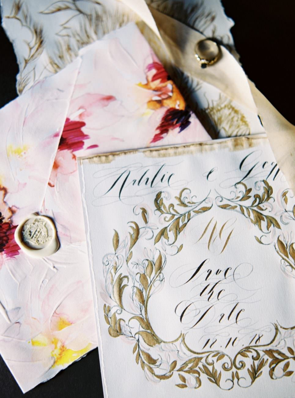 Palace Wedding Inspiration save the date card with gold ink