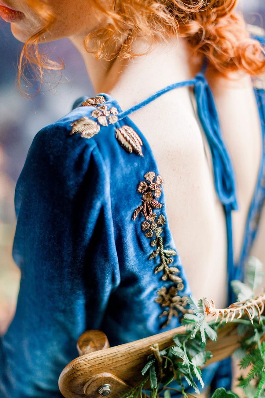 Baroque Wedding bride with blue velvet dress with gold embroidery