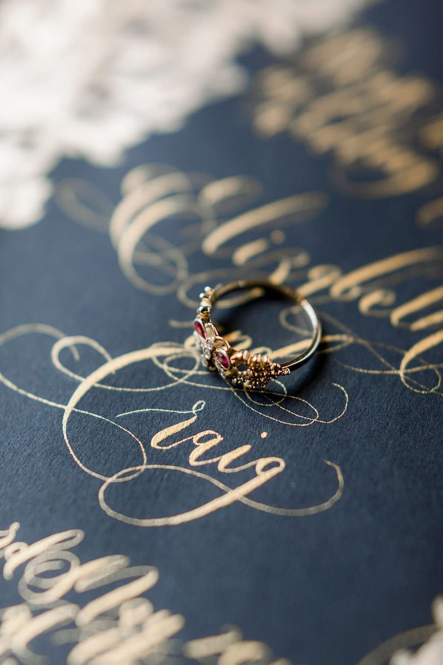 Baroque Wedding gold calligraphy on black wedding invite