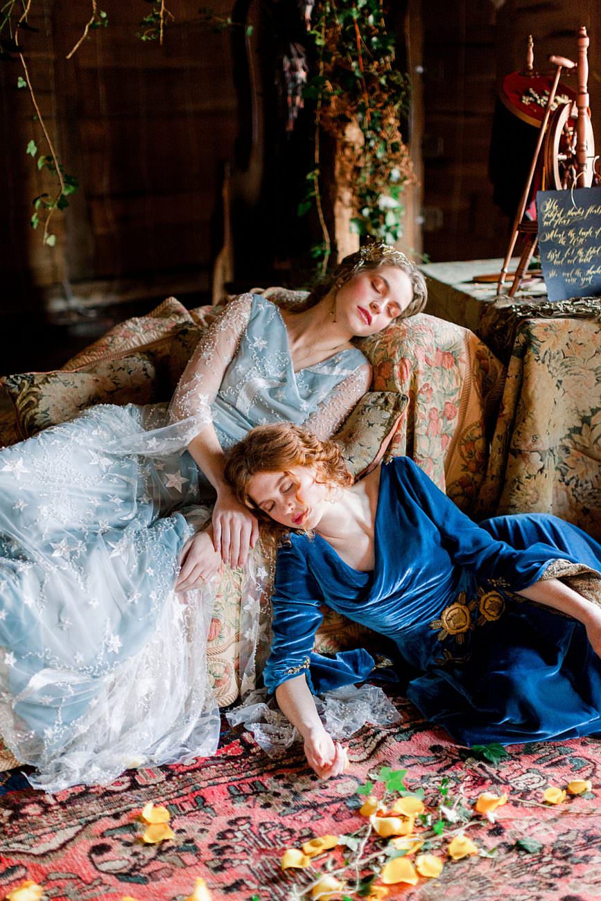 Baroque Wedding pre- raphaelite scene with gold calligraphy on table