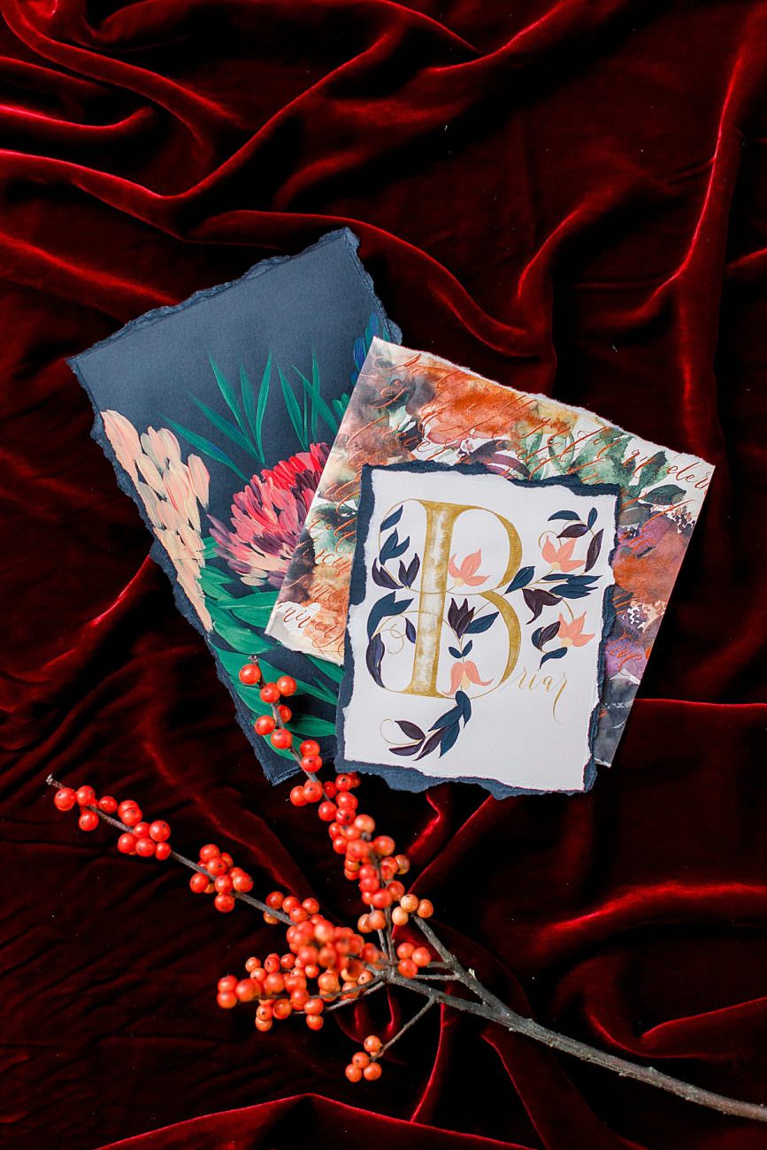 Baroque Wedding stationery with black hand painted wedding menu and large place name