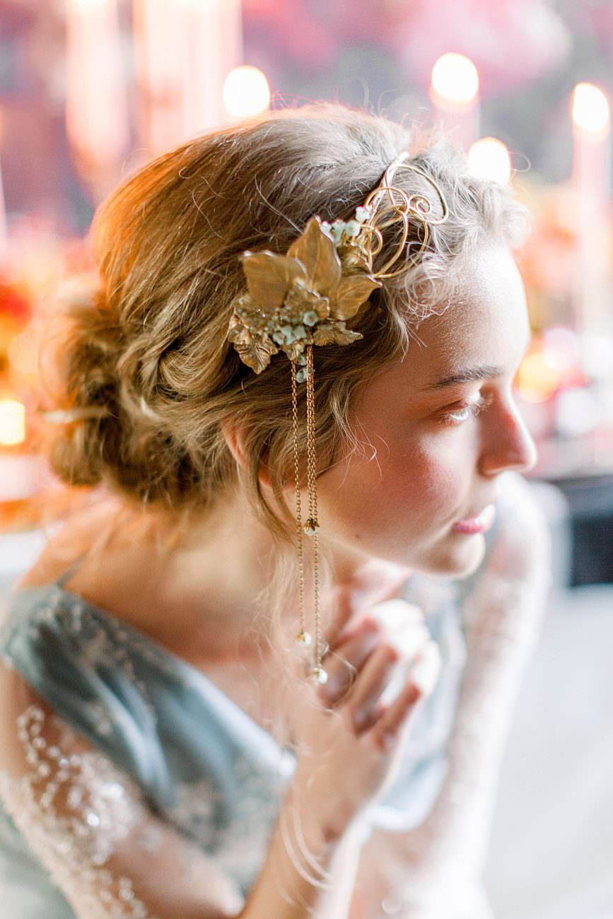 Baroque wedding ideas with bride wearing an antique gold head piece