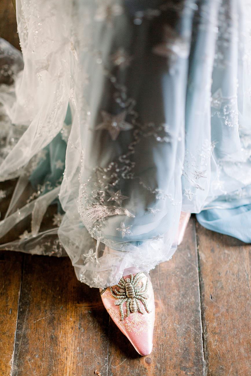 Baroque wedding style shoes with pale blush and gold spider