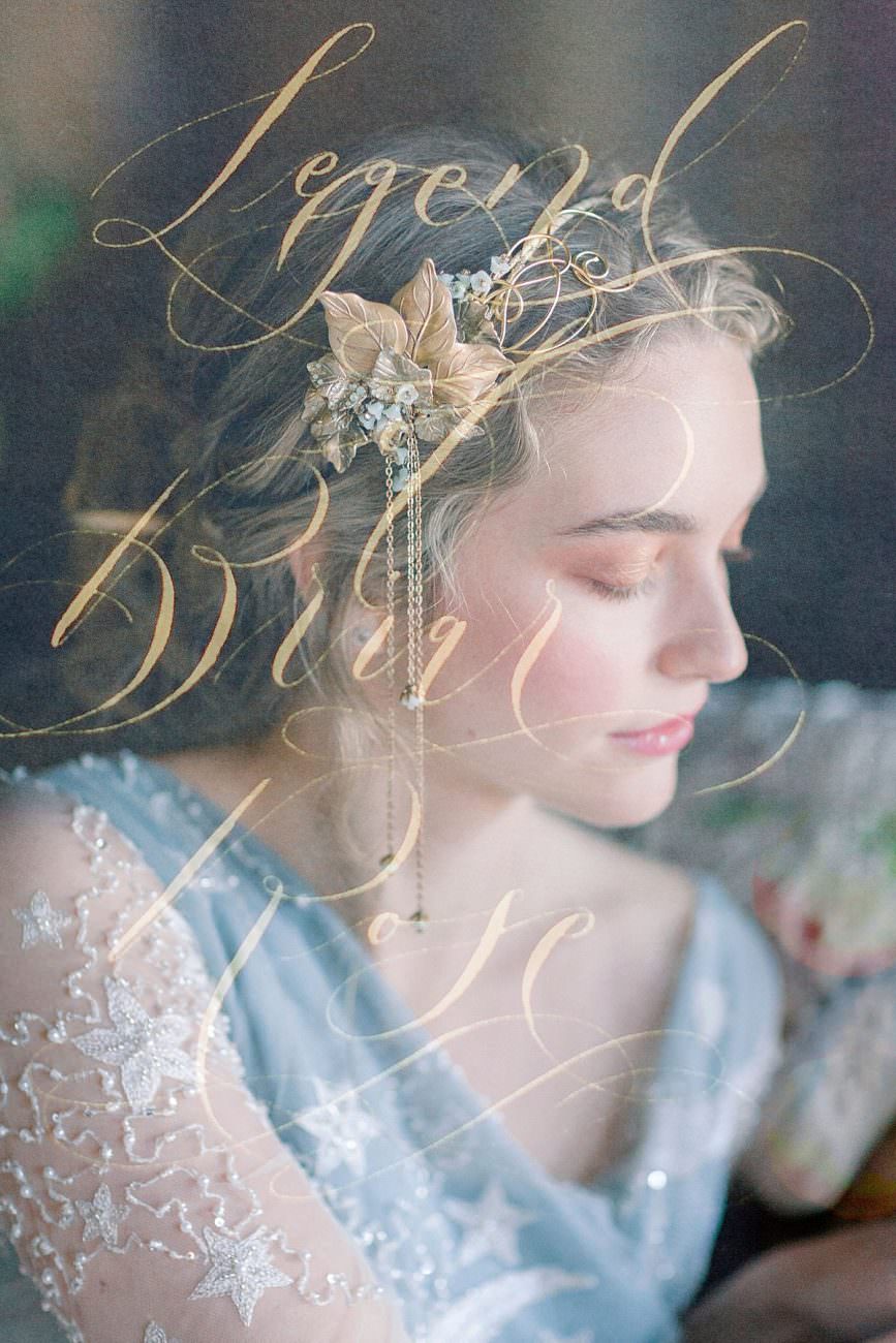 Baroque wedding styled shoot with gold calligraphy superimposed over a photograph