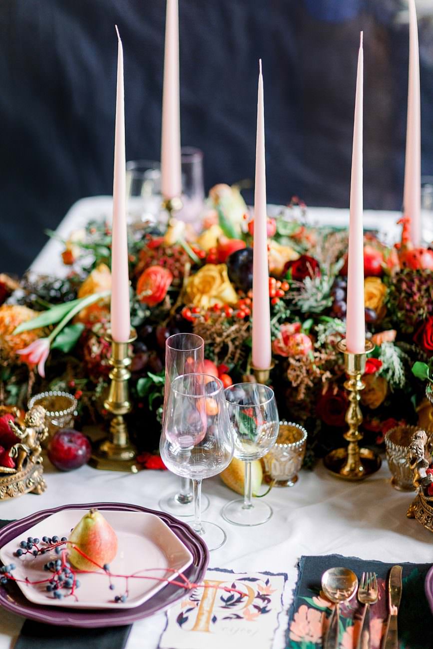 Baroque wedding table decor inspiration with pink candles and gold candle holders
