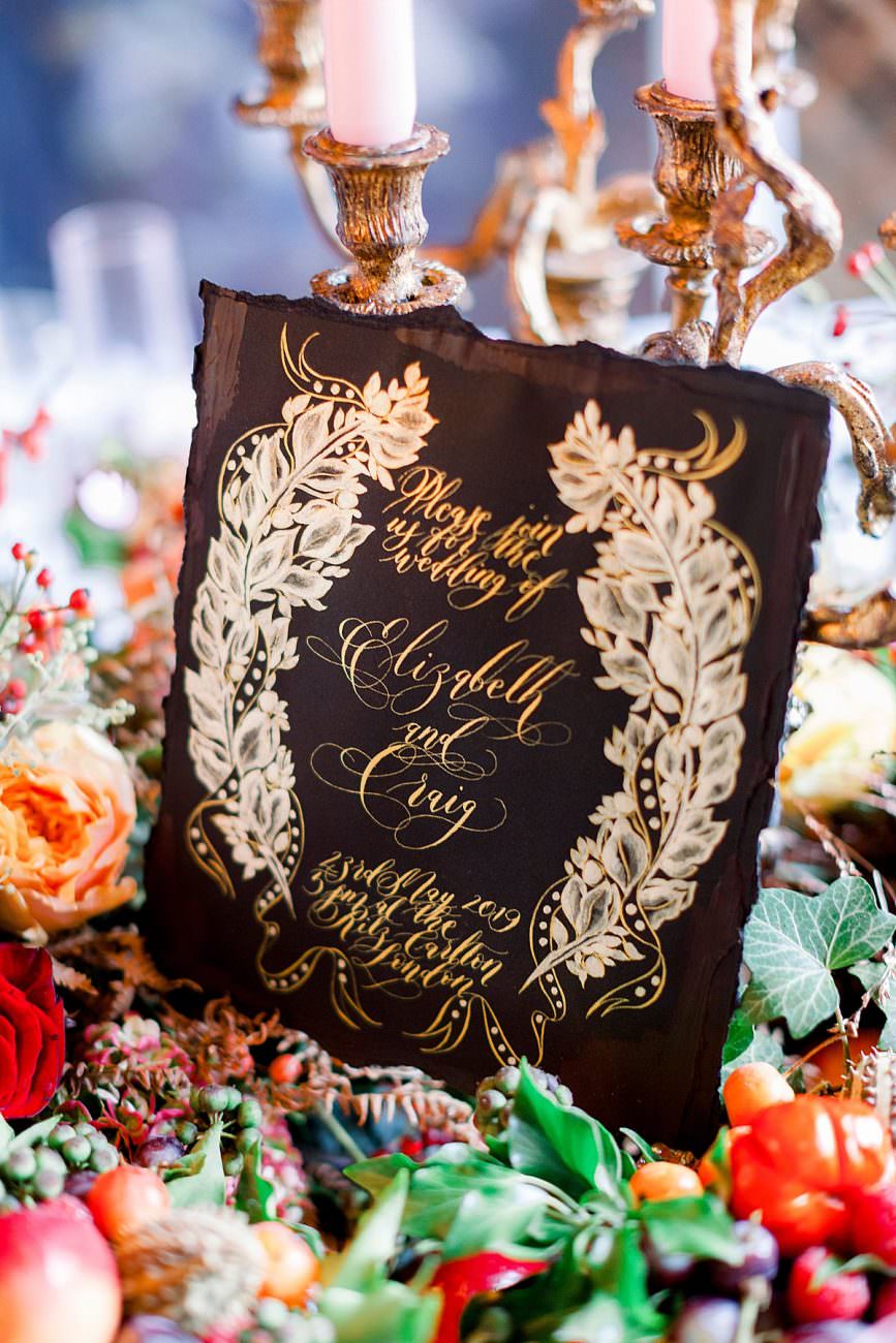 Baroque wedding table setting decor ideas with lots of florals and fruit
