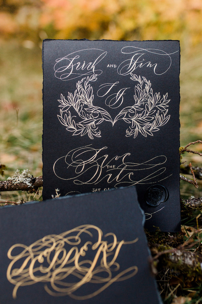 Black wedding invitation with gold calligraphy with wedding invitation wording example