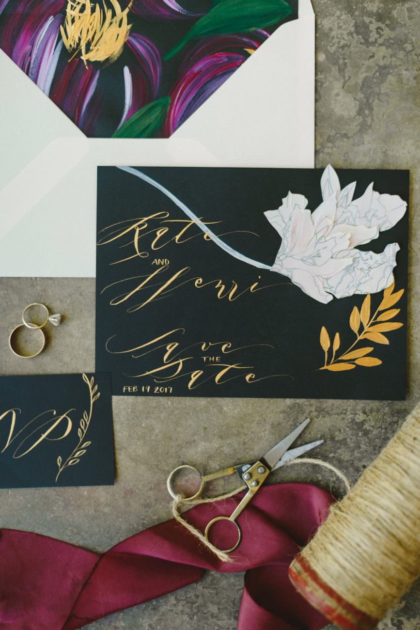 Hand Painted Wedding Invitations gold calligraphy