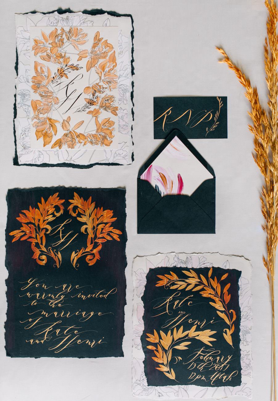 Hand Painted Wedding Invitations gold calligraphy on black wedding invitations