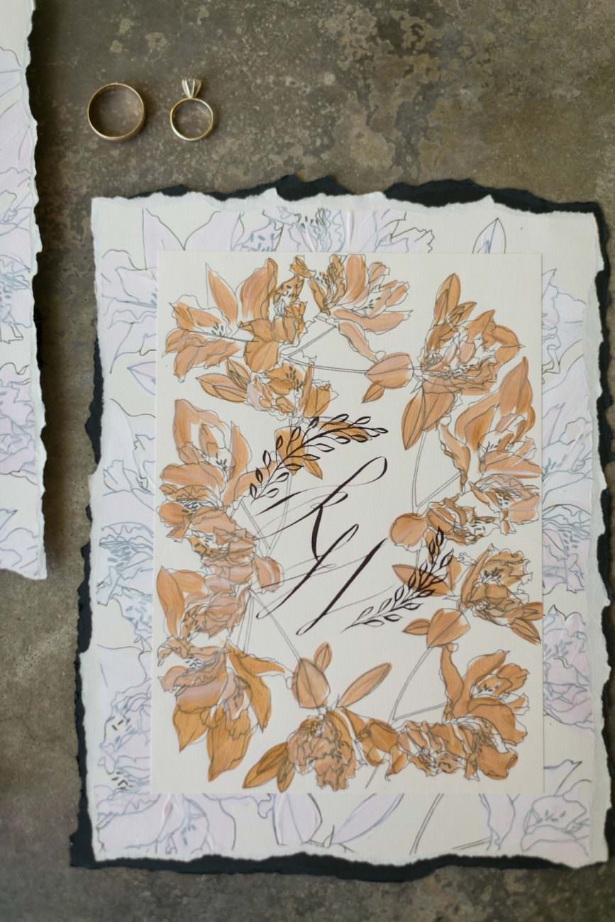 Hand Painted Wedding Invitations monogram card with gold flowers