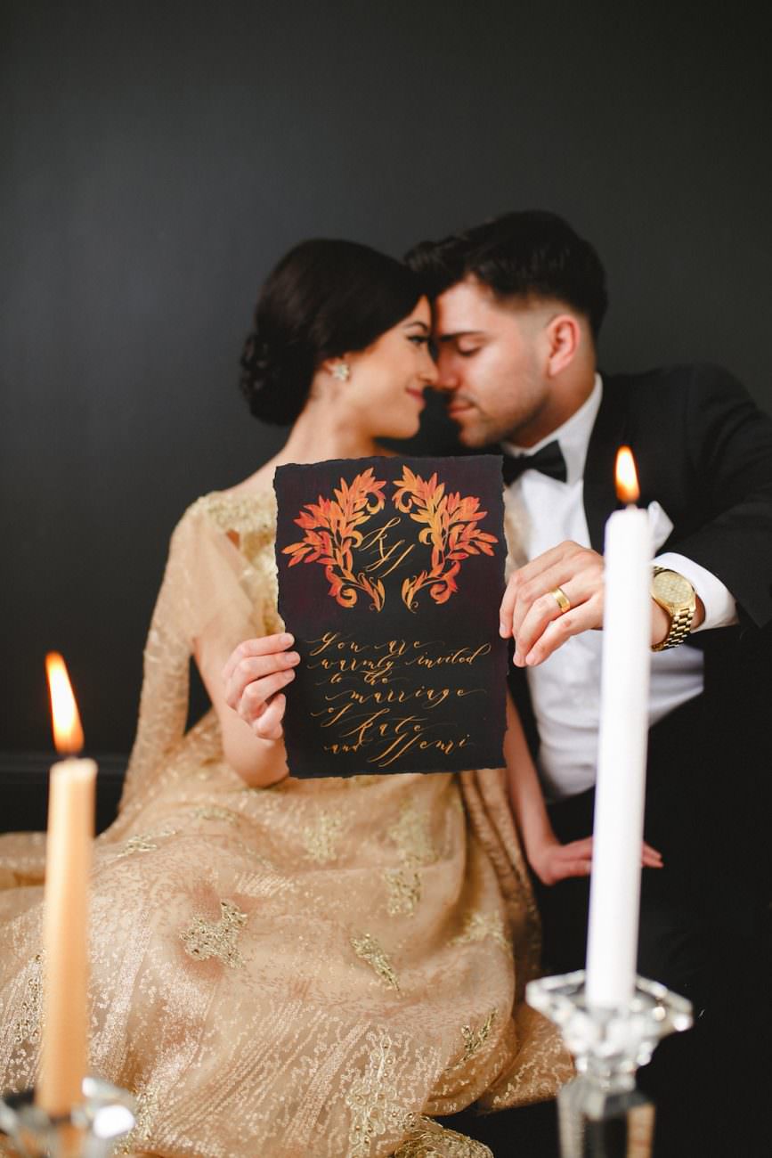Hand Painted Wedding Invitations with crest gold calligraphy copy