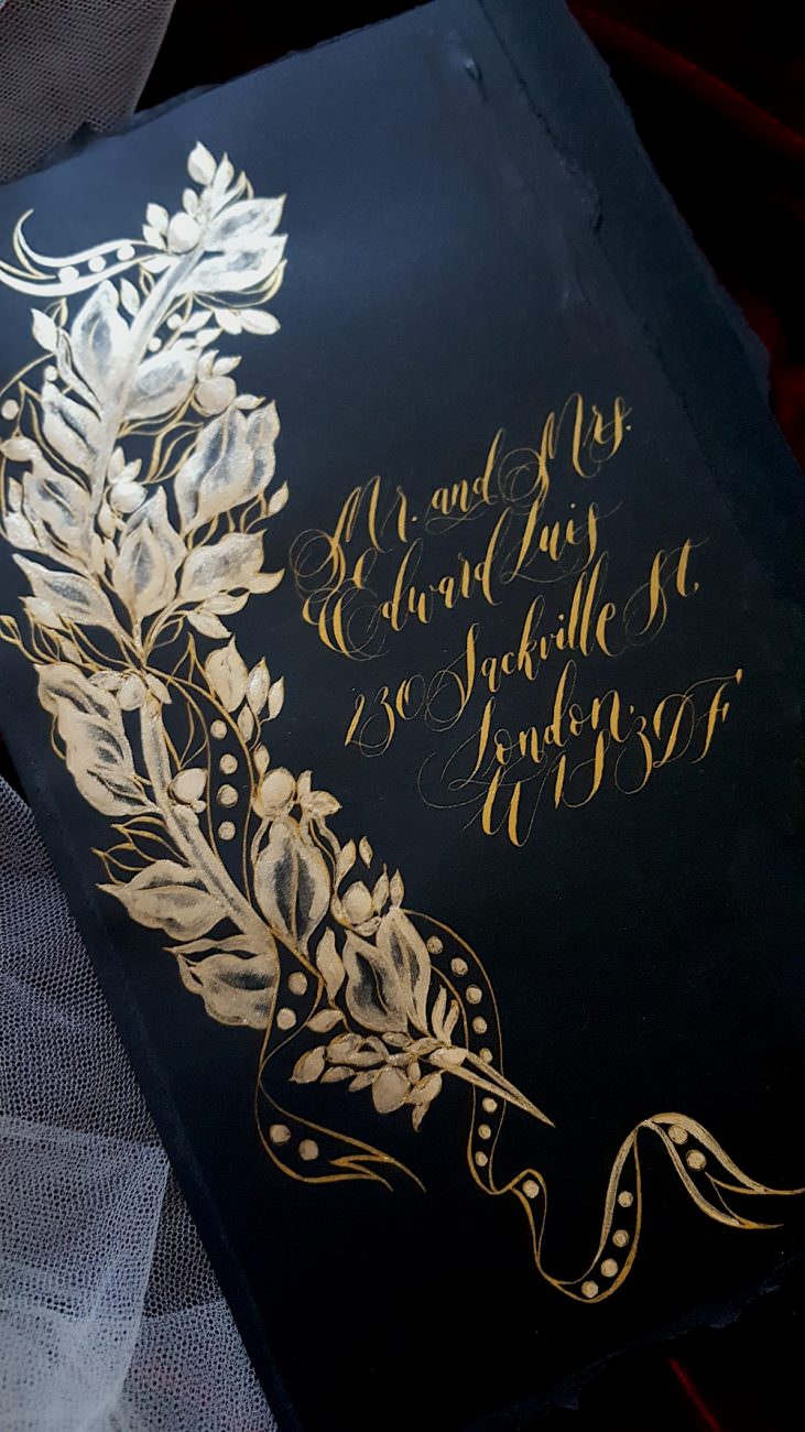 Black Tie Party Invitation long black envelope with gold calligraphy