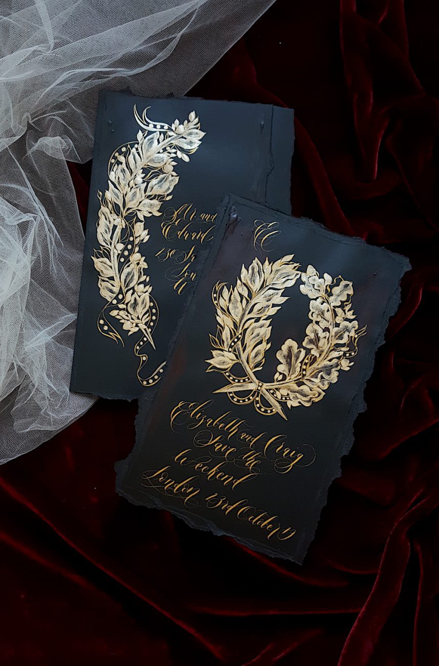 Black Tie Party Invitation long envelope and save the date card with gold calligraphy